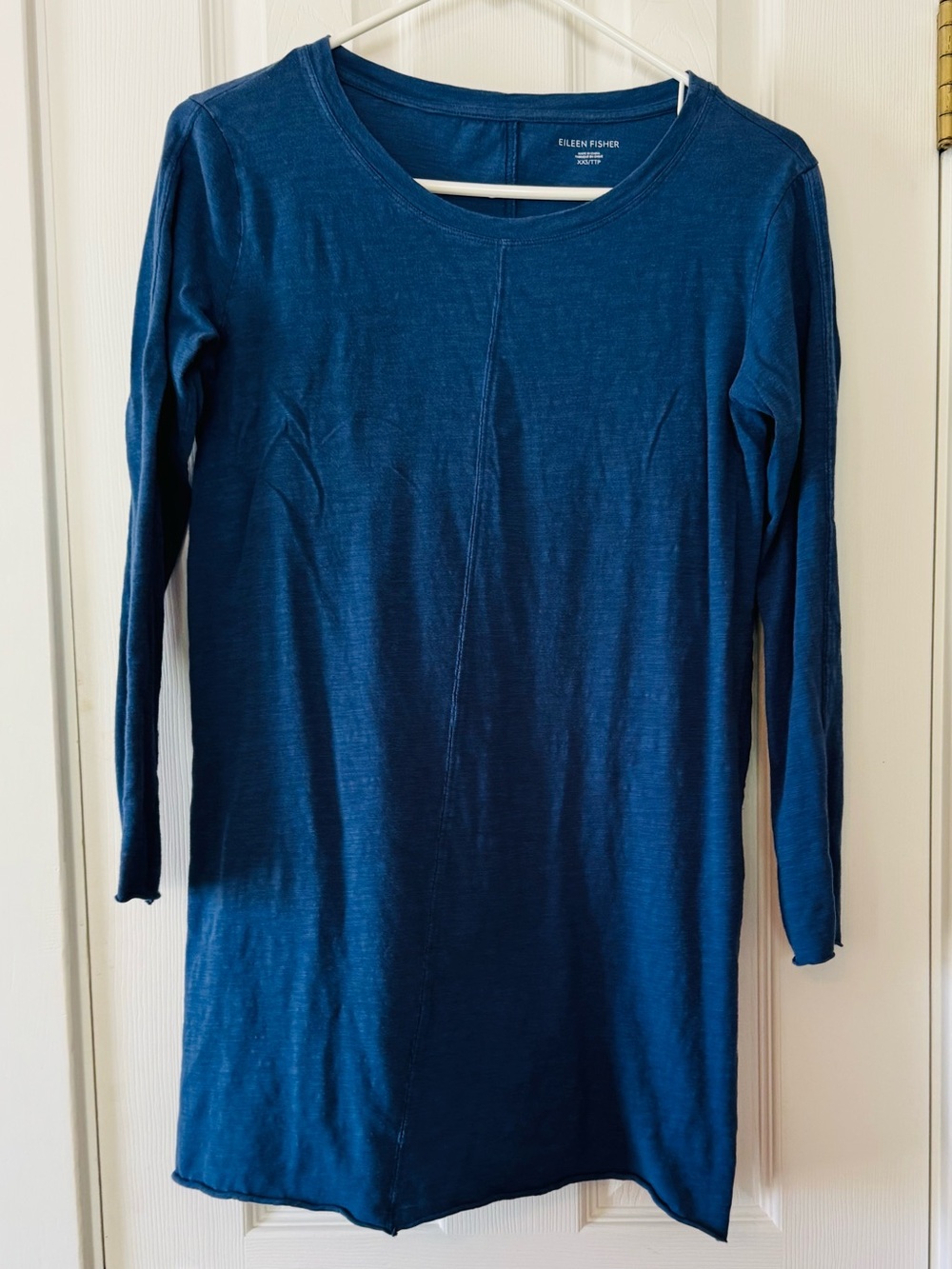 Eileen Fisher Organic Cotton Blue Long Sleeve Tunic Top XXS Asymmetrical Hem